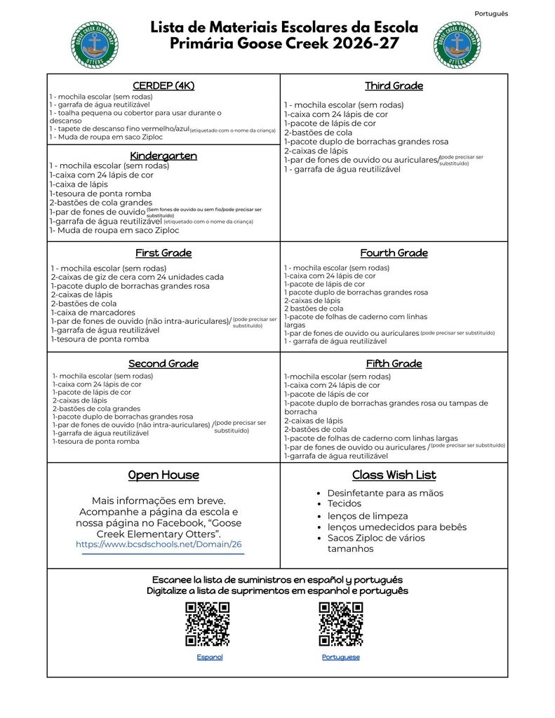 Goose Creek Elementary School's supply list by grade levels.  (Portuguese) 