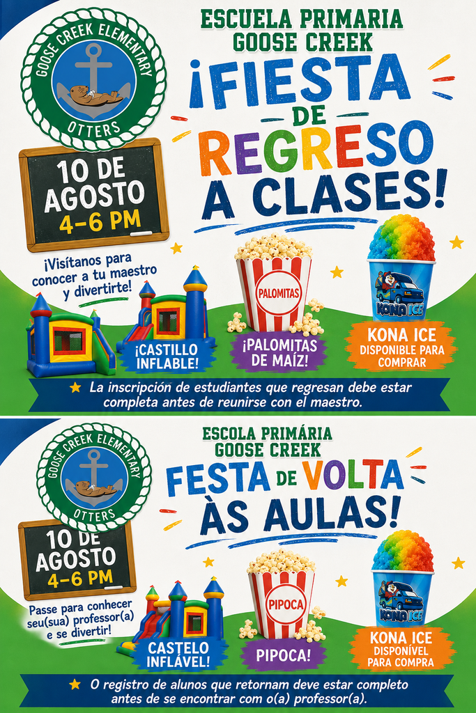 Un póster colorido que anuncia la celebración de bienvenida de una escuela, con palomitas de maíz, helado e inflables. A Cartaz colorido anunciando a festa de volta às aulas de uma escola, com pipoca, sorvete e brinquedos infláveis.
