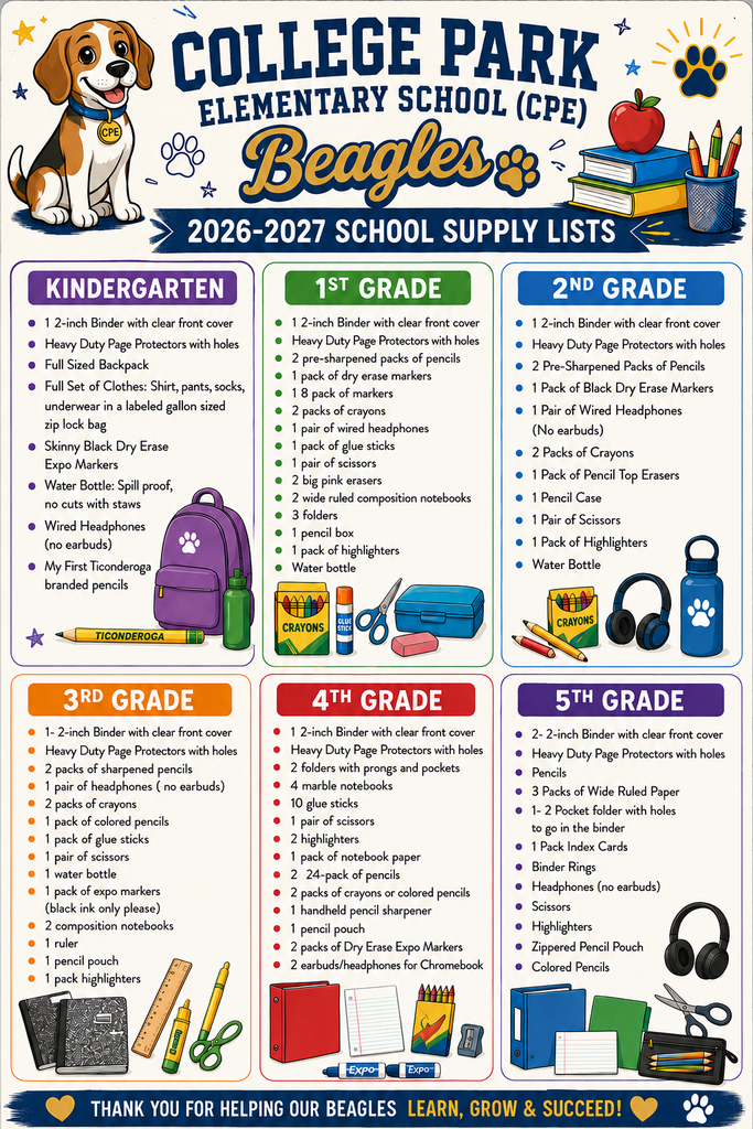 2026-2027 School Supply Lists  Kindergarten 1 2-inch Binder with clear front cover Heavy Duty Page Protectors with holes  Full Sized Backpack Full Set  of Clothes: Shirt, pants, socks, underwear in a labeled gallon sized zip lock bag Skinny Black Dry Erase Expo Markers Water Bottle: Spill proof, no cuts with staws Wired Headphones (no earbuds) My First Ticonderoga branded pencils  1st Grade 1 2-inch Binder with clear front cover Heavy Duty Page Protectors with holes  2 pre-sharpened packs of pencils 1 pack of dry erase markers 1 8 pack of markers 2 packs of crayons 1 pair of wired headphones 1 pack of glue sticks 1 pair of scissors 2 big pink erasers 2 wide ruled composition notebooks 3 folders 1 pencil box 1 pack of highlighters  Water bottle 2nd Grade 1 2-inch Binder with clear front cover Heavy Duty Page Protectors with holes  2 Pre-Sharpened Packs of Pencils 1 Pack of Black Dry Erase Markers 1 Pair of Wired Headphones (No earbuds) 2 Packs of Crayons 1 Pack of Pencil Top Erasers 1 Pencil Case 1 Pair of Scissors 1 Pack of Highlighters  Water Bottle 3rd Grade 1- 2-inch Binder with clear front cover Heavy Duty Page Protectors with holes  2 packs of sharpened pencils  1 pair of headphones ( no earbuds) 2 packs of crayons 1 pack of colored pencils 1 pack of glue sticks 1 pair of scissors 1 water bottle 1 pack of expo markers (black ink only please) 2 composition notebooks 1 ruler 1 pencil pouch 1 pack highlighters 4th Grade 1 2-inch Binder with clear front cover Heavy Duty Page Protectors with holes  2 folders with prongs and pockets 4 marble notebooks 10 glue sticks  1 pair of scissors 2 highlighters  1 pack of notebook paper 2   24-pack of pencils 2 packs of crayons or colored pencils 1 handheld pencil sharpener  1 pencil  pouch 2 packs of Dry Erase Expo Markers 2 earbuds/headphones for Chromebook 5th Grade  2- 2-inch Binder with clear front cover Heavy Duty Page Protectors with holes  Pencils 3 Packs of Wide Ruled Paper 1- 2 Pocket folder with holes to go in the binder 1 Pack Index Cards Binder Rings Headphones (no earbuds) Scissors Highlighters Zippered Pencil Pouch Colored Pencils 