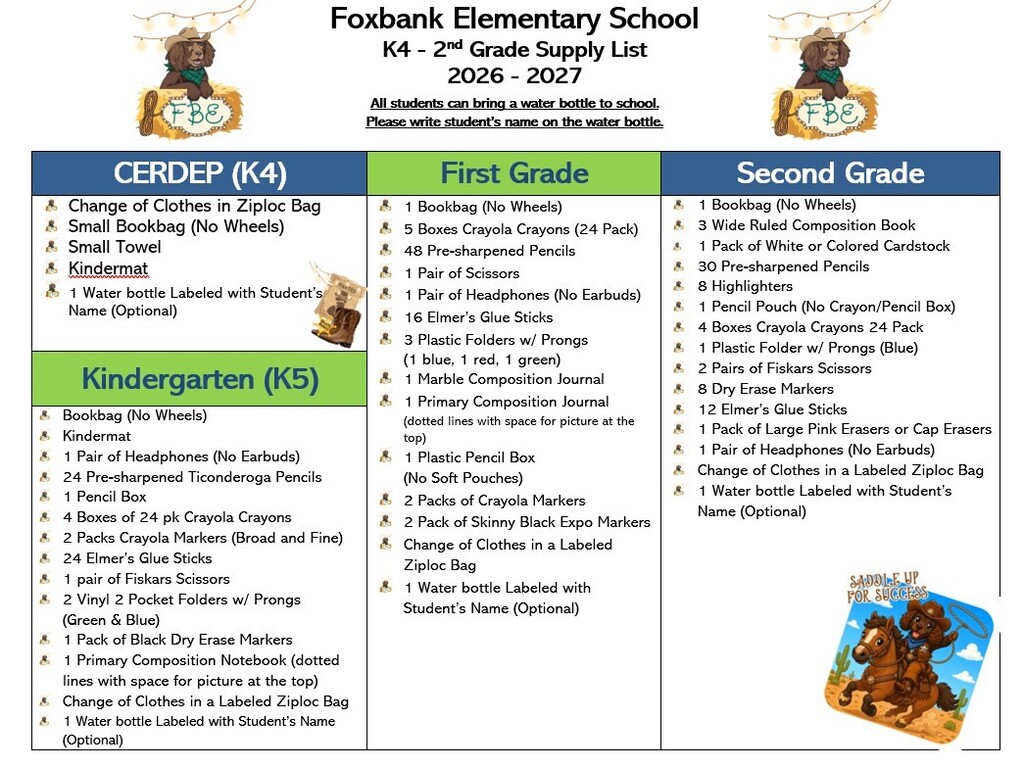 K4 - 2nd grade Supply List