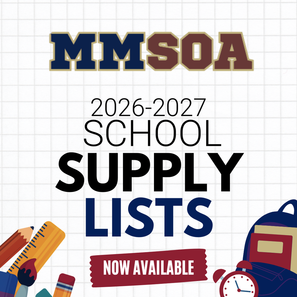 A white grid background displays text and school supply images. "MMSA 2026-2027 SCHOOL SUPPLY LISTS" is written in large letters.