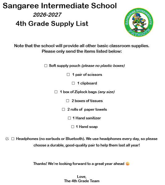 4th Grade Supply List