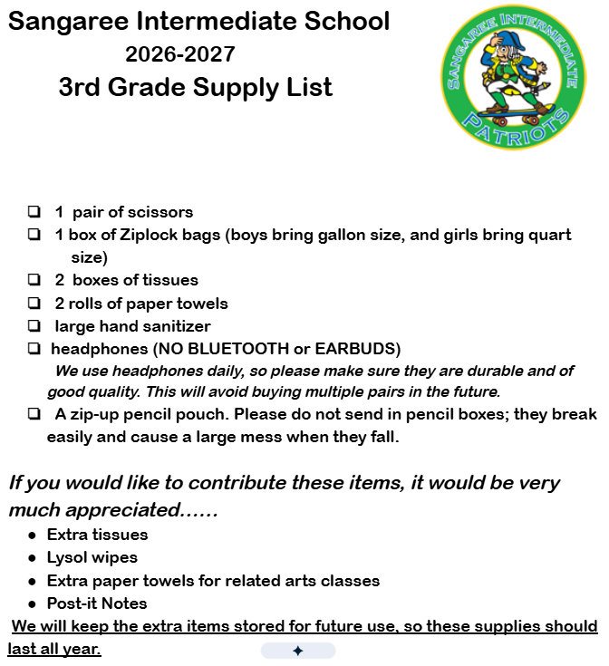 3rd Grade Supply List