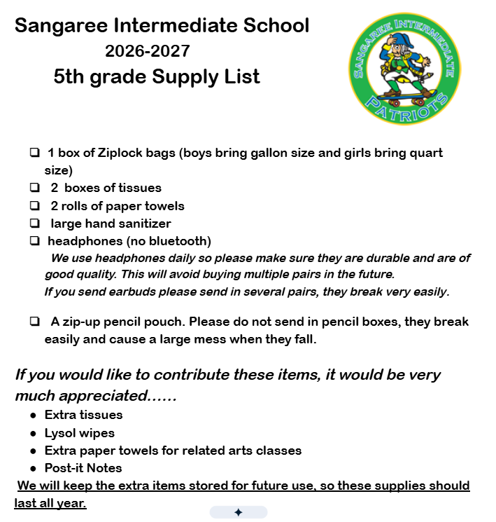 5th Grade Supply List