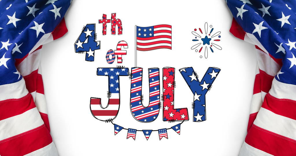 A design with the text "4th of July" in red, white, and blue. An American flag and fireworks in the background.