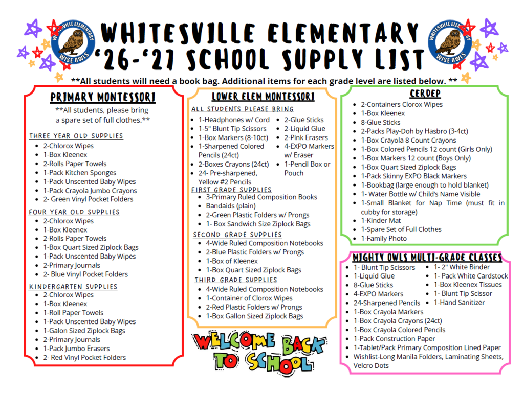 Whitesville's school supply list broken down by grade level.