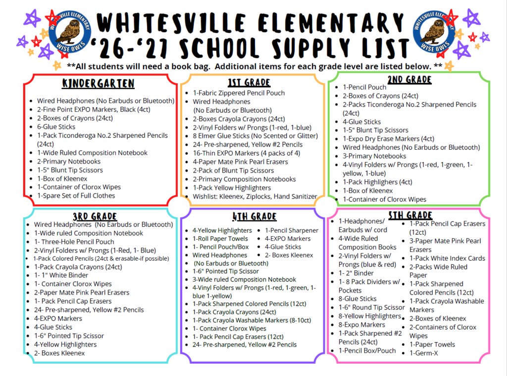 Whitesville's school supply list broken down by grade level.