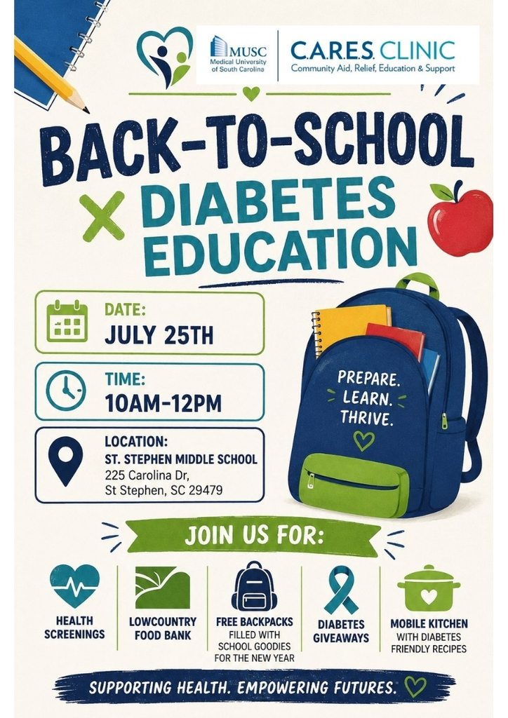 Back-to-School Diabetes Education event, sponsored by MUSC/CARES on July 25th from 10:00 AM until 12:00 PM