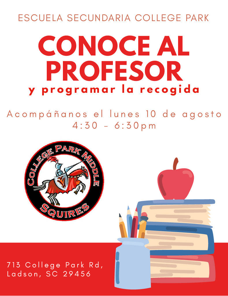 A red and white flyer reads "Conoce al profesor" with a horse and rider logo, an apple, and books. Event on August 10.