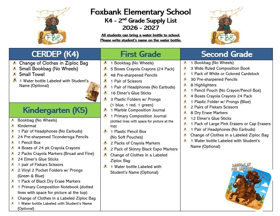 School supply list for Foxbank Elementary School, grades K-4, includes categories for K4, first, second, and kindergarten with items listed.