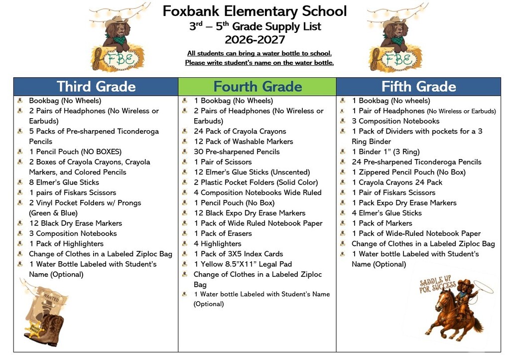 A document with Foxbank Elementary School headings displays grade supply lists for third, fourth, and fifth grades.