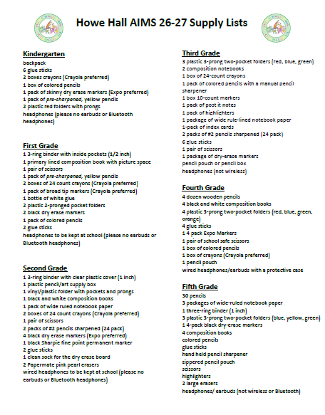 Supply list also available on the website