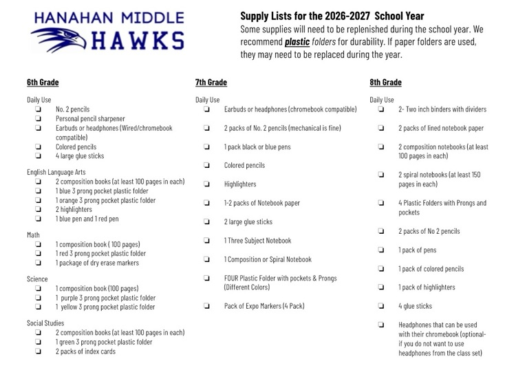 26-27 school supply lists