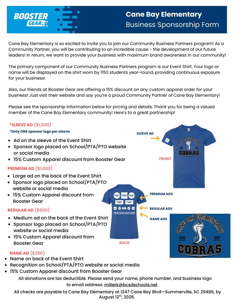 A document with a blue header reads "Cane Bay Elementary Business Sponsorship Form". It lists options and prices for advertising on event shirts.