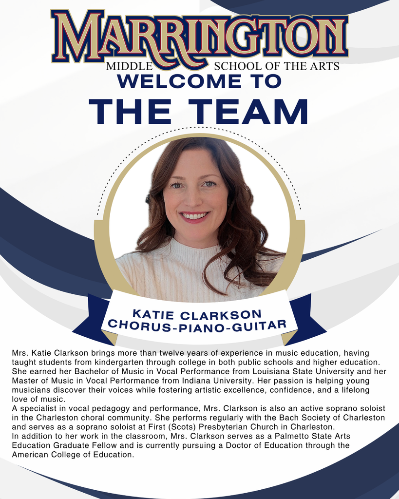 A poster introduces Katie Clarkson, a music teacher with experience in vocal pedagogy and performance, showcasing her photo and details.