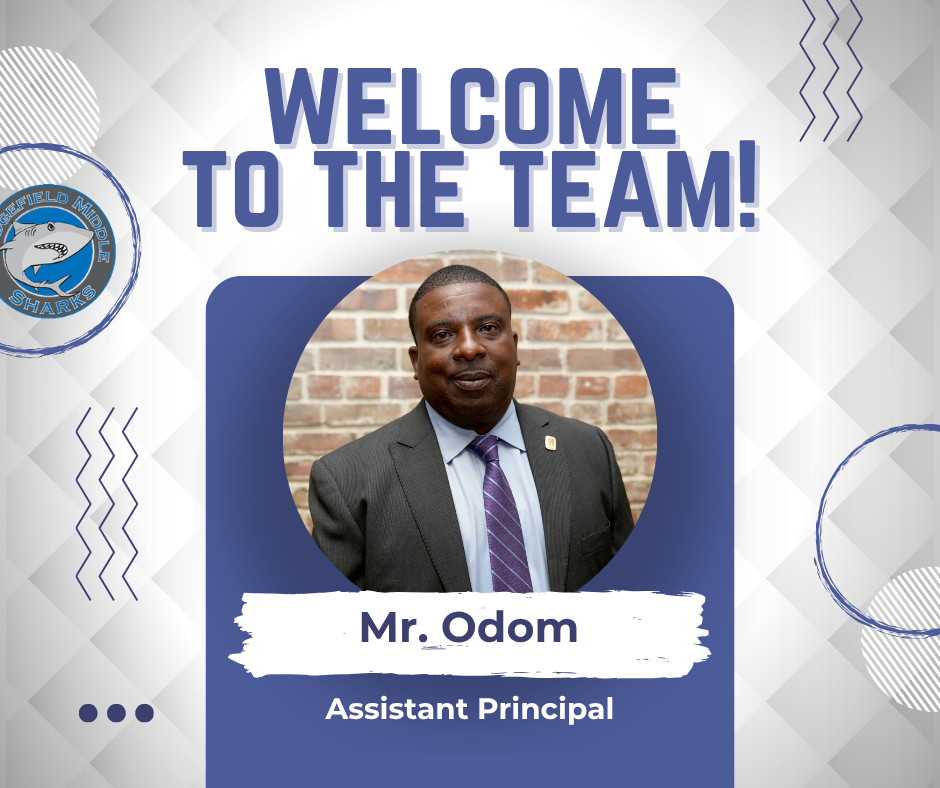 White background with blue shapes. A man in a suit stands in a circle against a brick wall. Text reads "WELCOME TO THE TEAM!" and "Mr. Odom, Assistant Principal."