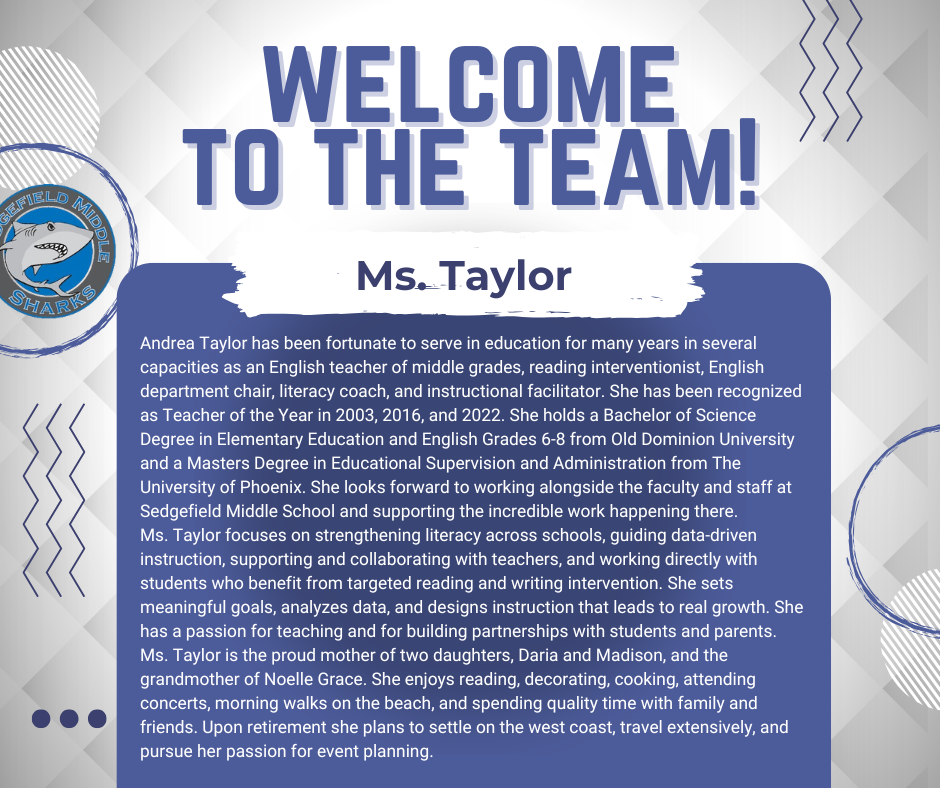 Blue-bordered poster with a white background. Title: "Welcome to the Team!" Text introduces Ms. Taylor, an English teacher.