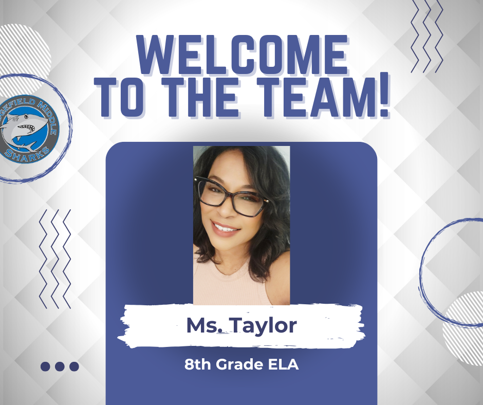 Blue and white background with wavy lines. A smiling woman in glasses is featured. Text reads "Welcome to the Team!" and "Ms. Taylor 8th Grade ELA."