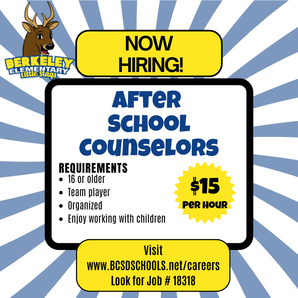 Job advertisement with blue and white stripes. A deer head is in the top left. The text reads "Now Hiring! After School Counselors".