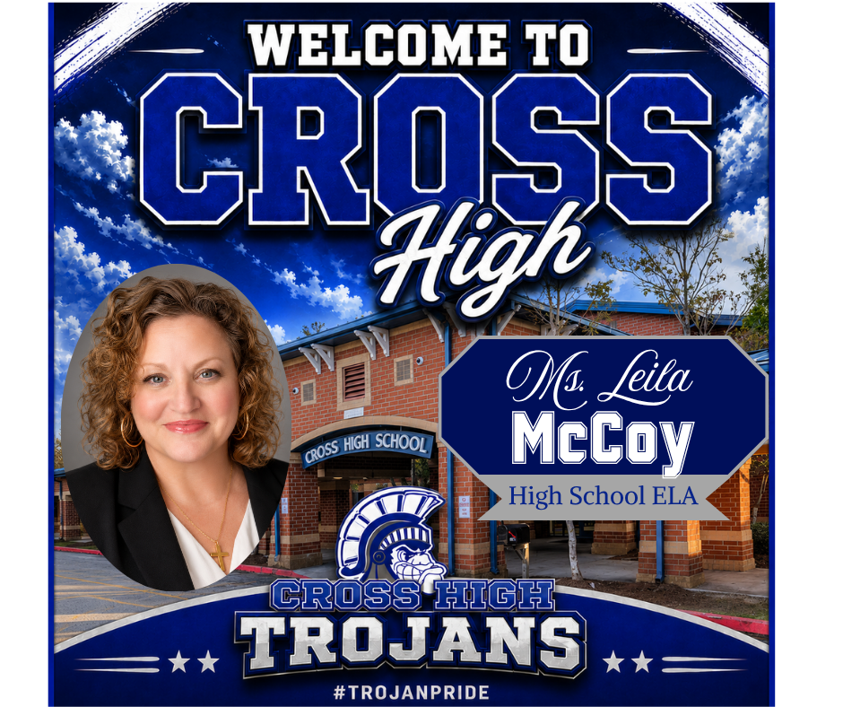 Blue banner promoting Cross High School. Woman in profile at left. Building in background. Text reads Welcome to Cross High.