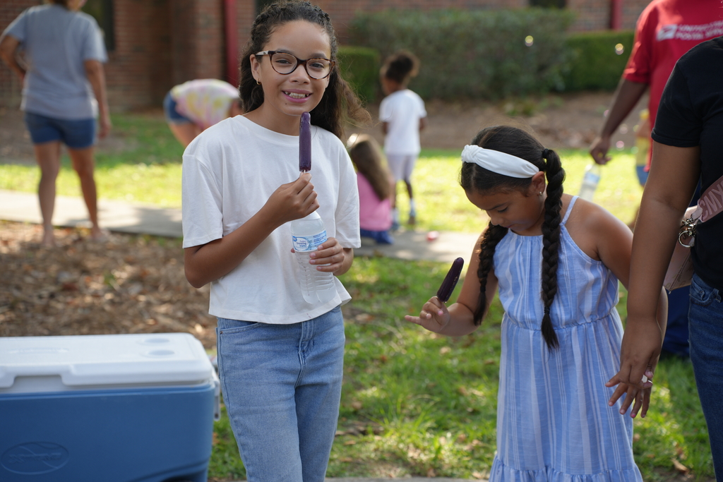 Two girls with ice pops, one holding a cup. They are in a park with people and a cooler.