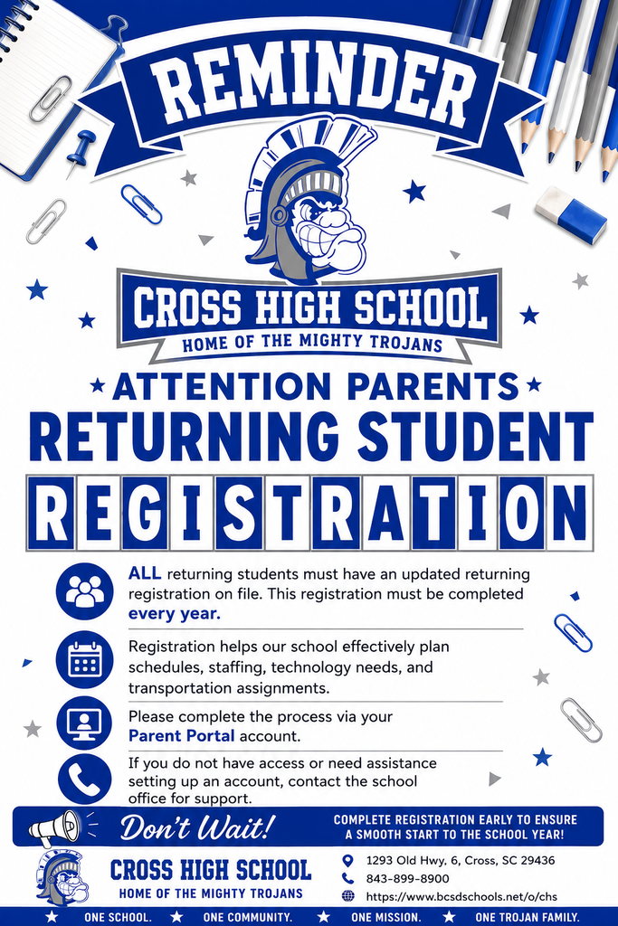Blue and white poster with a helmet graphic, text, icons, pencils, and paperclips. Header reads "Cross High School" and "Reminder."
