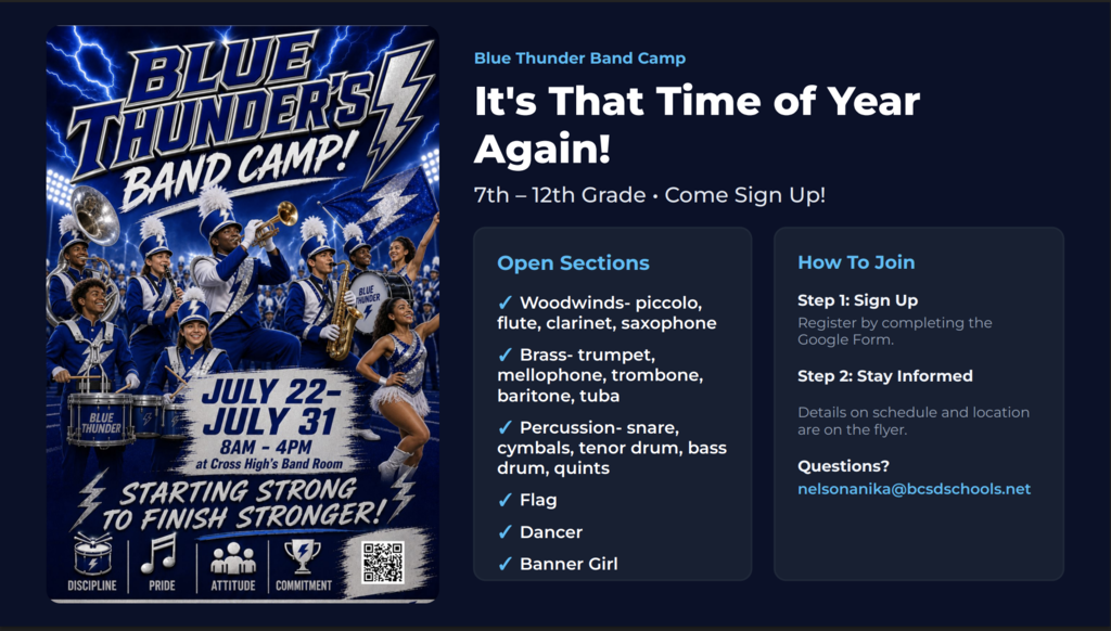 Poster with blue background and white text, promoting a band camp. Details include open sections and joining steps.