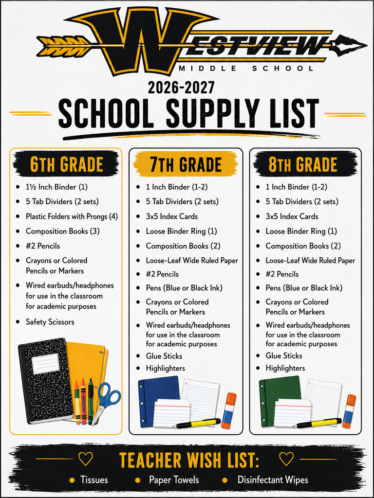 Poster displays 2026-2027 Westview Middle School supply list for 6th, 7th, and 8th grades, including items like binders, pencils, and markers.