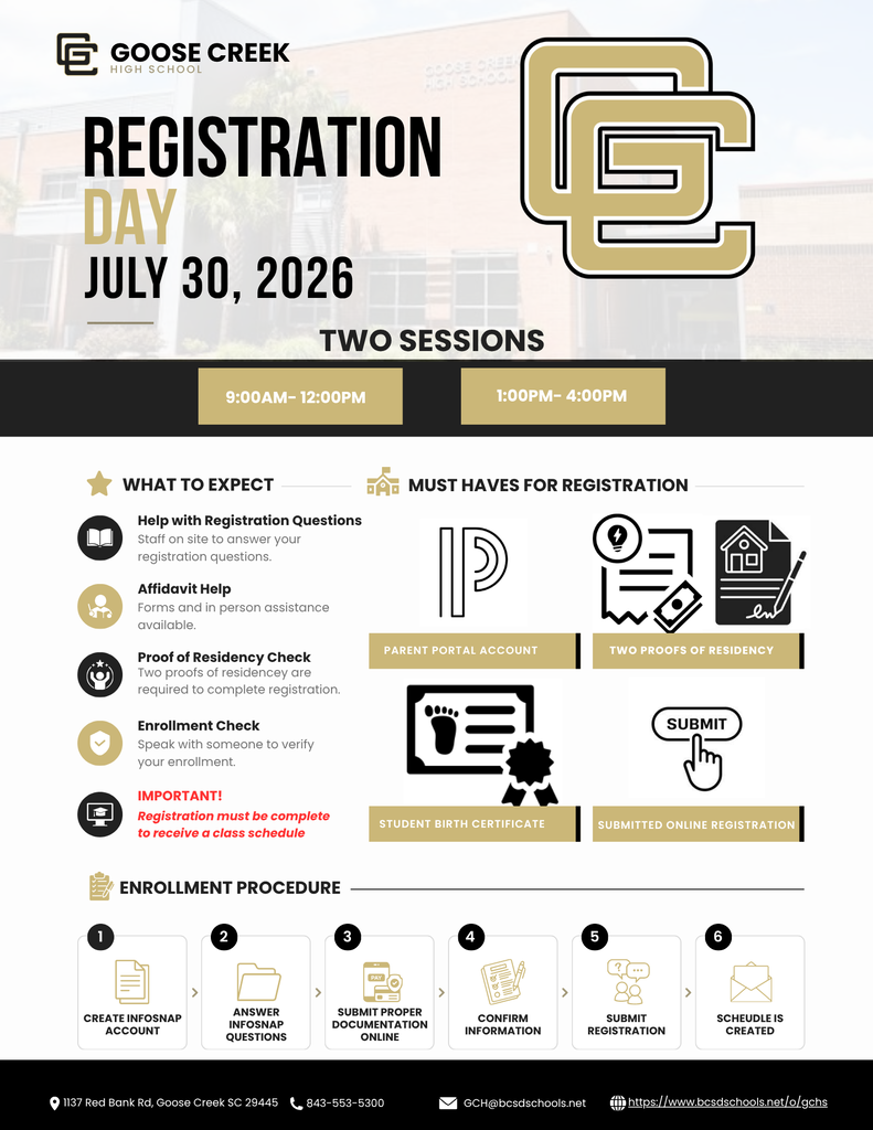 📢 Goose Creek High School Registration Day is coming! Join us on Thursday, July 30 during one of two sessions: 🕘 9:00 AM – 12:00 PM 🕐 1:00 PM – 4:00 PM Our team will be available to assist with registration, residency verification, enrollment questions, affidavits, and more. Registration must be completed to receive a class schedule. We look forward to welcoming our Gators! #GatorNation #GooseCreekHighSchool #BackToSchool