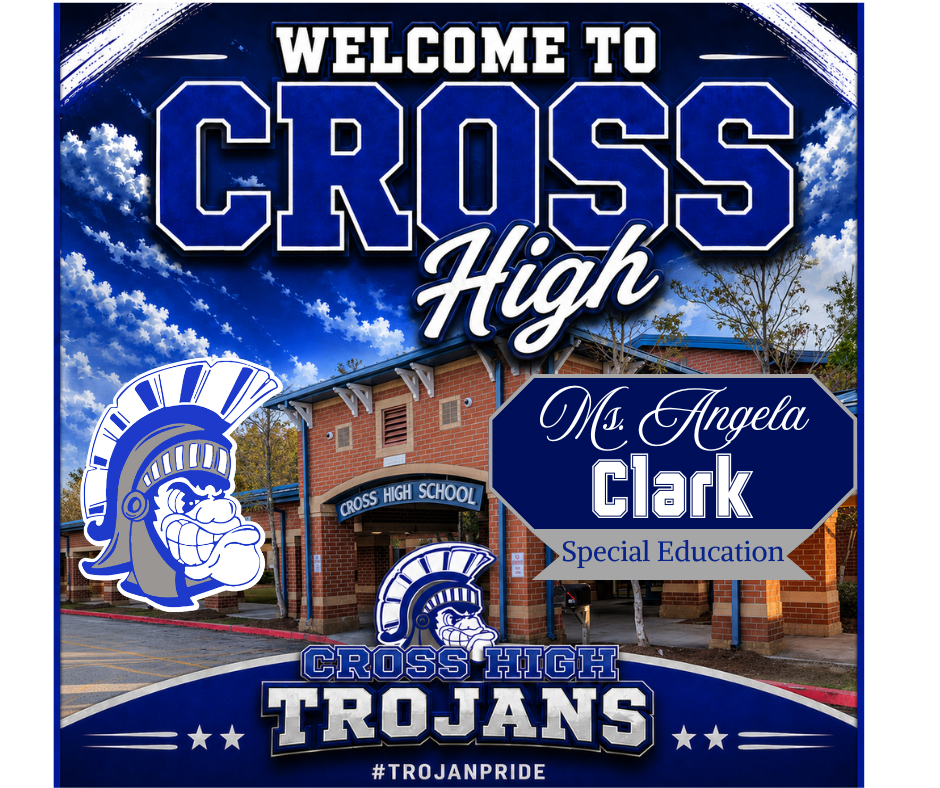 Blue and white poster with "Welcome to Cross High" text, a school logo, and a mascot. The poster features a brick building with a blue roof.