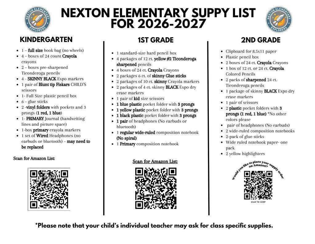 A supply list for the 2026-2027 school year for Nexton Elementary School is shown with categories for Kindergarten, 1st Grade, and 2nd Grade.