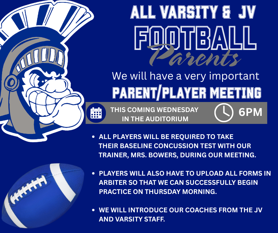 A blue poster with a helmeted mascot, a football, and meeting details for varsity and JV football parents.