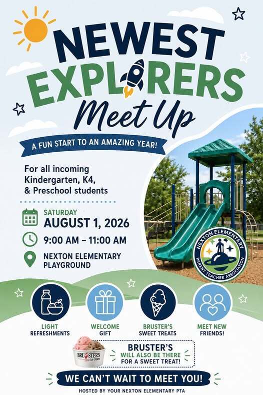 Poster with "NEWEST EXPLORERS Meet Up" title and playground image. Details: Saturday, August 1, 2026, 9:00-11:00 AM, Nexton Elementary Playground.