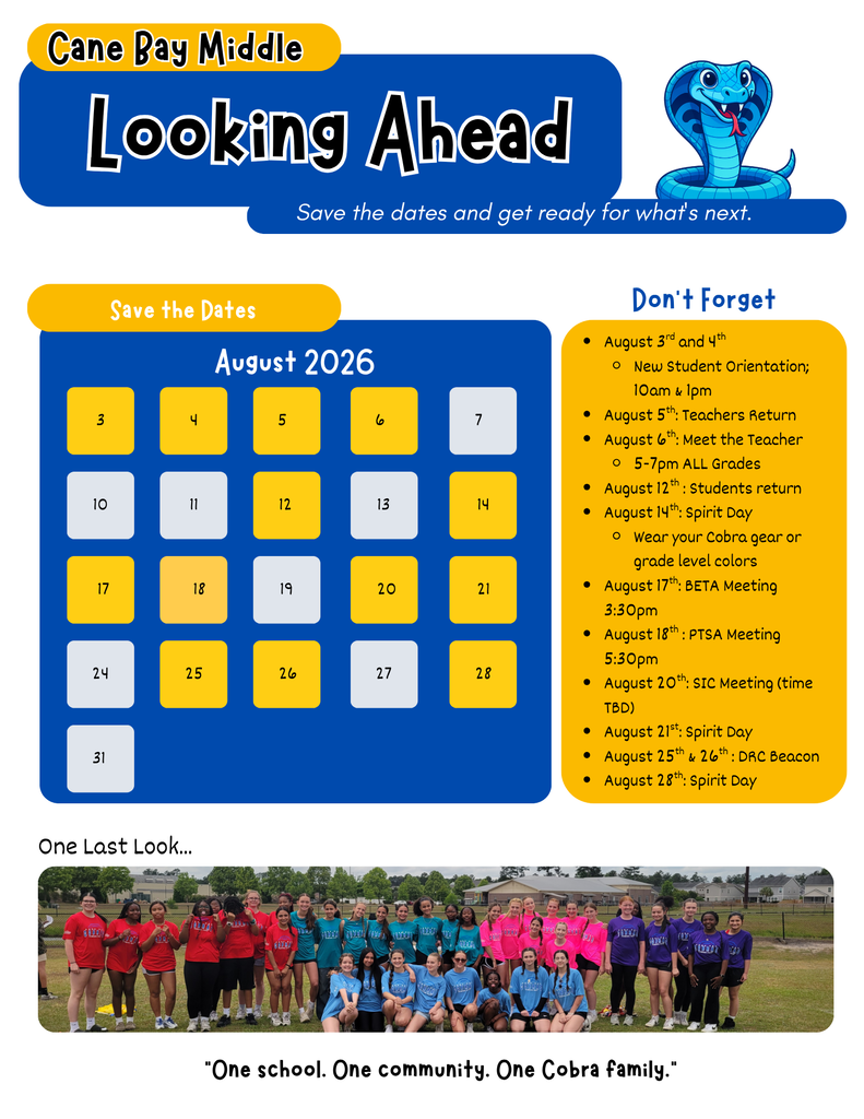🐍💙 The August Cobra Nation Newsletter Has Arrived! 💙🐍 The countdown to an amazing school year is on! Our August Cobra Nation Newsletter is packed with everything you need to prepare for a successful start to the 2026–2027 school year. Inside you'll find: 📅 Important August dates and upcoming events 🏫 New Student Orientation & Meet the Teacher information 🎒 General school supply list 📚 Back-to-school reminders and helpful tips 👋 Meet our newest Cobra staff members 📣 Important contact information and school updates Be sure to take a few minutes to read through the newsletter so you're ready for the first day of school on August 12! 📖 View the August Newsletter here: Here's to a fantastic year of learning, growth, and Cobra Pride! One School. One Community. One Cobra Family. 🐍💙