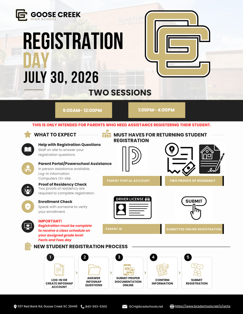 📢 Goose Creek High School Registration Day is Tomorrow! Join us on Thursday, July 30 during one of two sessions: 🕘 9:00 AM – 12:00 PM 🕐 1:00 PM – 4:00 PM Our team will be available to assist with registration, residency verification, enrollment questions, parent portal login, and more. Registration must be completed before students can receive their class schedules. *Please note: This day is only for families who need assistance with registration or who need to submit required documentation to complete registration. Student schedule pickup and orientation will take place on separate dates. We look forward to welcoming our Gators! #GatorNation #GooseCreekHighSchool #BackToSchool
