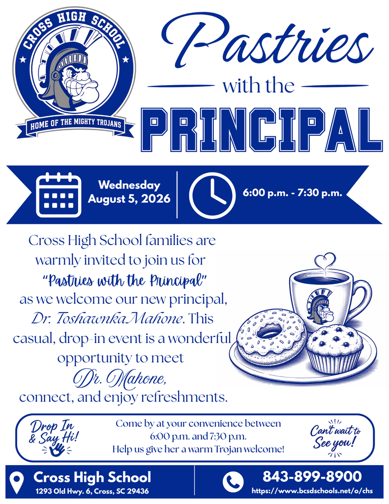 Event poster with blue and white design. It reads "Pastries with the Principal". Date: August 5, 2026. Time: 6:00 p.m. to 7:30 p.m.