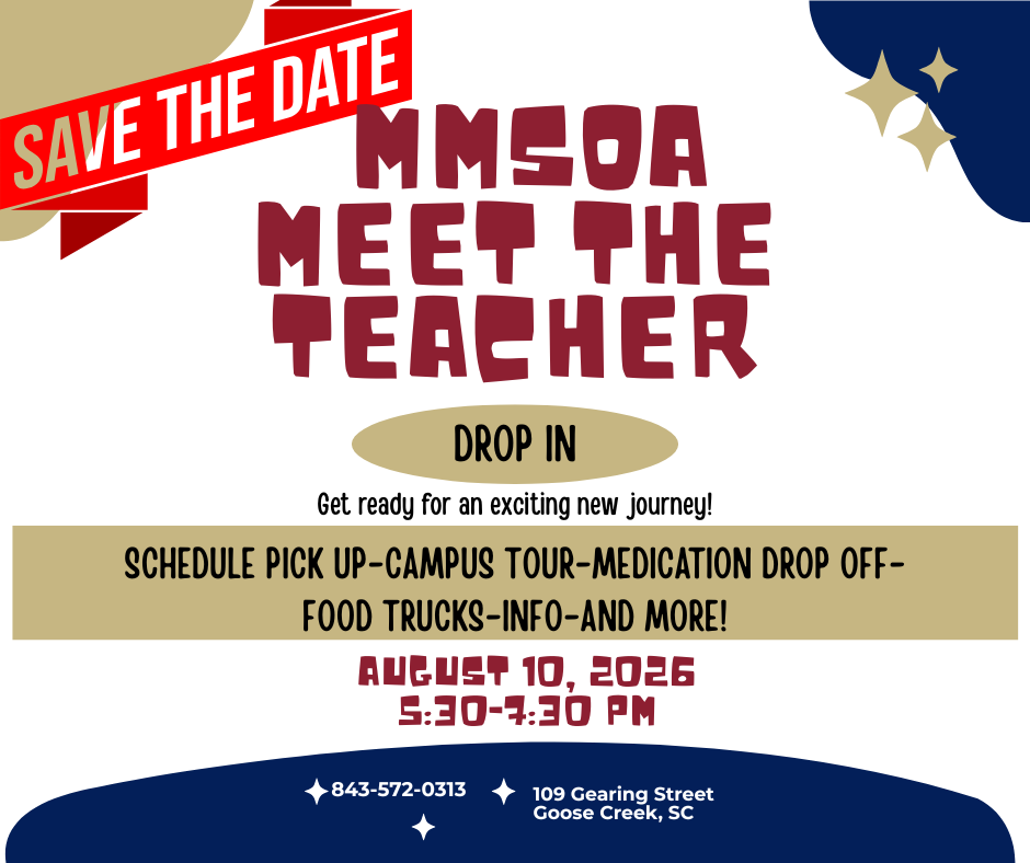Event poster with a red ribbon, "Save the Date" text, and "MMSOA Meet the Teacher" headline. Date, time, address, and contact details are listed below.