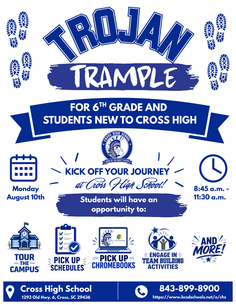 White backdrop with blue text. "Trojan Trample" is at the top. Icons for tour, pick up schedules, and pick up Chromebooks.