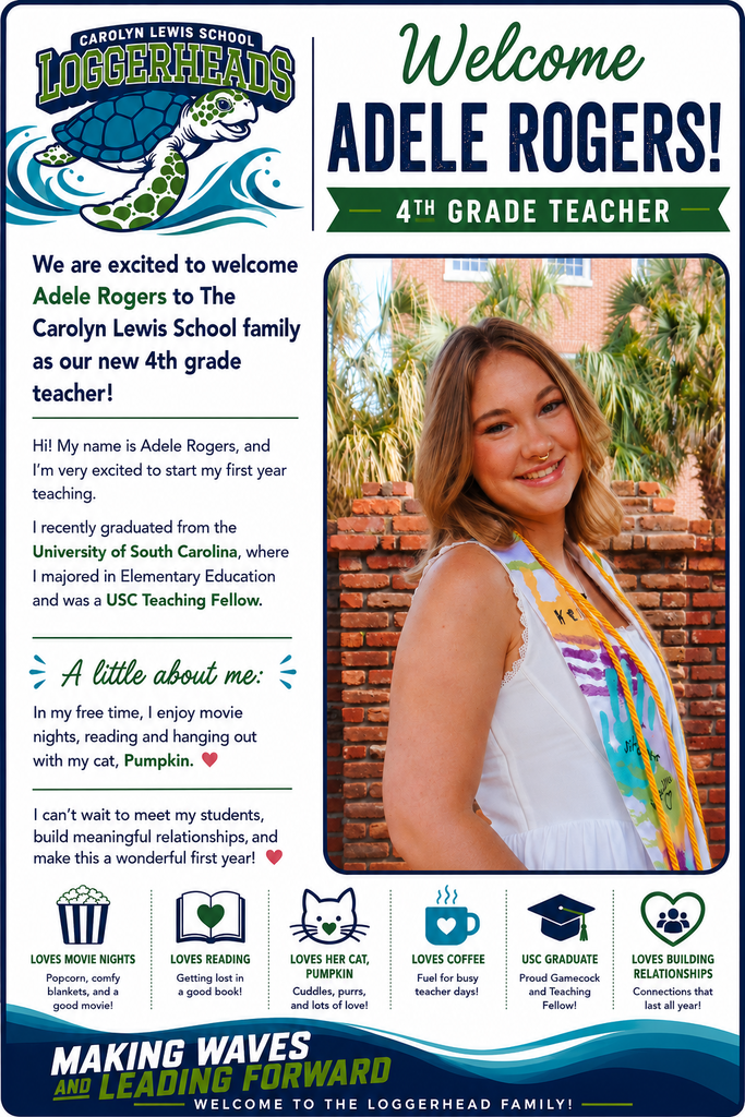 A poster introduces Adele Rogers, a 4th-grade teacher at Carolyn Lewis School, showing her smiling photo and details about her background.