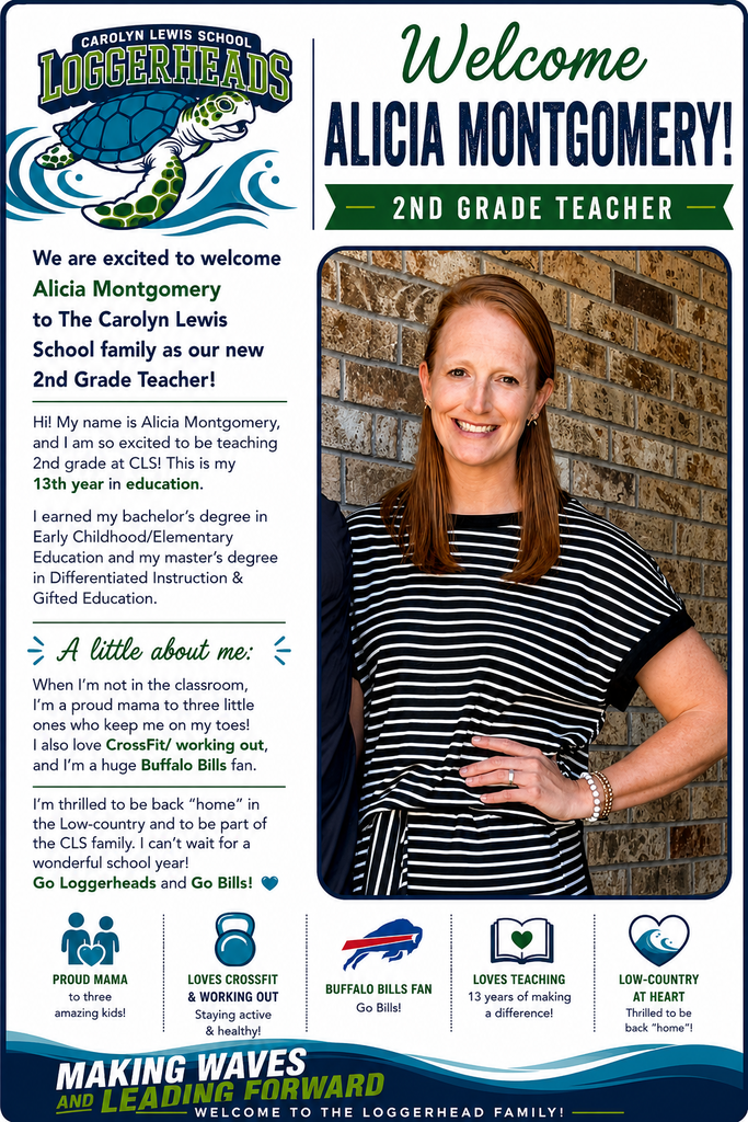 A poster features a woman smiling, wearing a striped dress and bracelets. Text introduces Alicia Montgomery, a 2nd grade teacher, with a background of brick wall.
