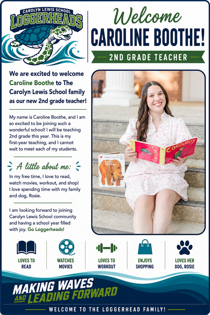 A woman sits on steps, holding a book, with a cheerful face. The text reads "Welcome Caroline Boothe! 2nd Grade Teacher." Icons represent reading, movies, workouts, shopping, and a dog.
