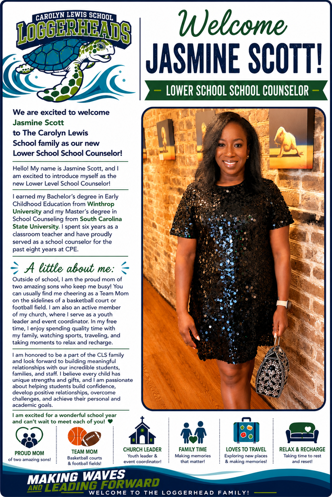 A poster welcomes Jasmine Scott as a Lower School Counselor. She poses in a black sequin dress, holding a purse, with a brick wall and a framed picture in the background.