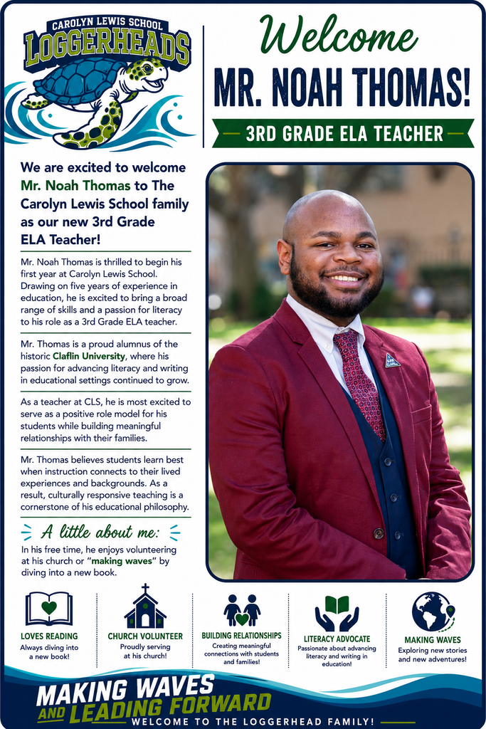 An advertisement poster featuring a man in a red suit and tie, smiling. The text reads "Welcome MR. NOAH THOMAS! 3RD GRADE ELA TEACHER".
