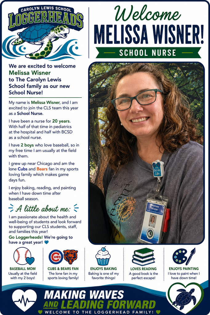An ad for Melissa Wisner, a School Nurse at Carolyn Lewis. She wears glasses, a gray shirt, and a badge.