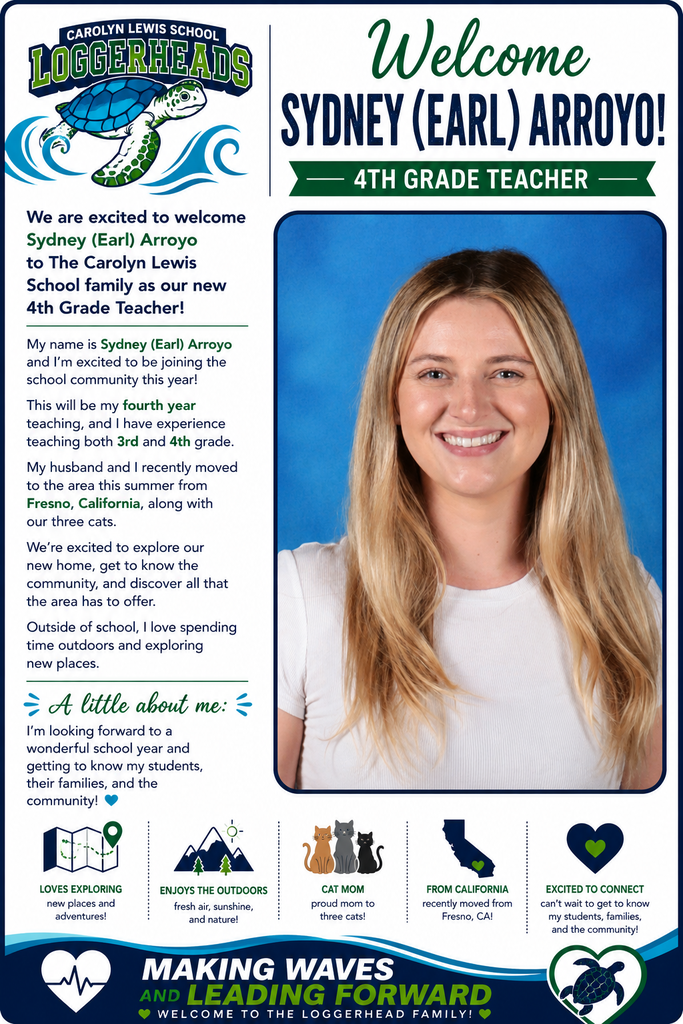 A promotional poster featuring a teacher. A smiling woman with blonde hair. Text reads: "Welcome Sydney (Earl) Arroyo! 4th Grade Teacher."