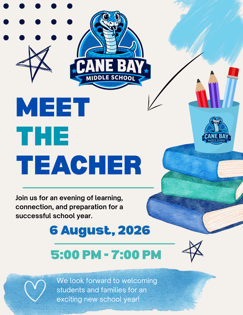 📚 Meet the Teacher Night is This Thursday! 🐍 Cobra families and staff, We look forward to welcoming everyone for Meet the Teacher Night on Thursday, August 6, from 5:00–7:00 PM at Cane Bay Middle School! Student schedules will be available in PowerSchool beginning Wednesday, August 5, at 12:00 PM. We encourage families to review schedules before arriving to help make the evening as smooth as possible. We can't wait to kick off an amazing school year and welcome our Cobra families back to campus. See you Thursday!