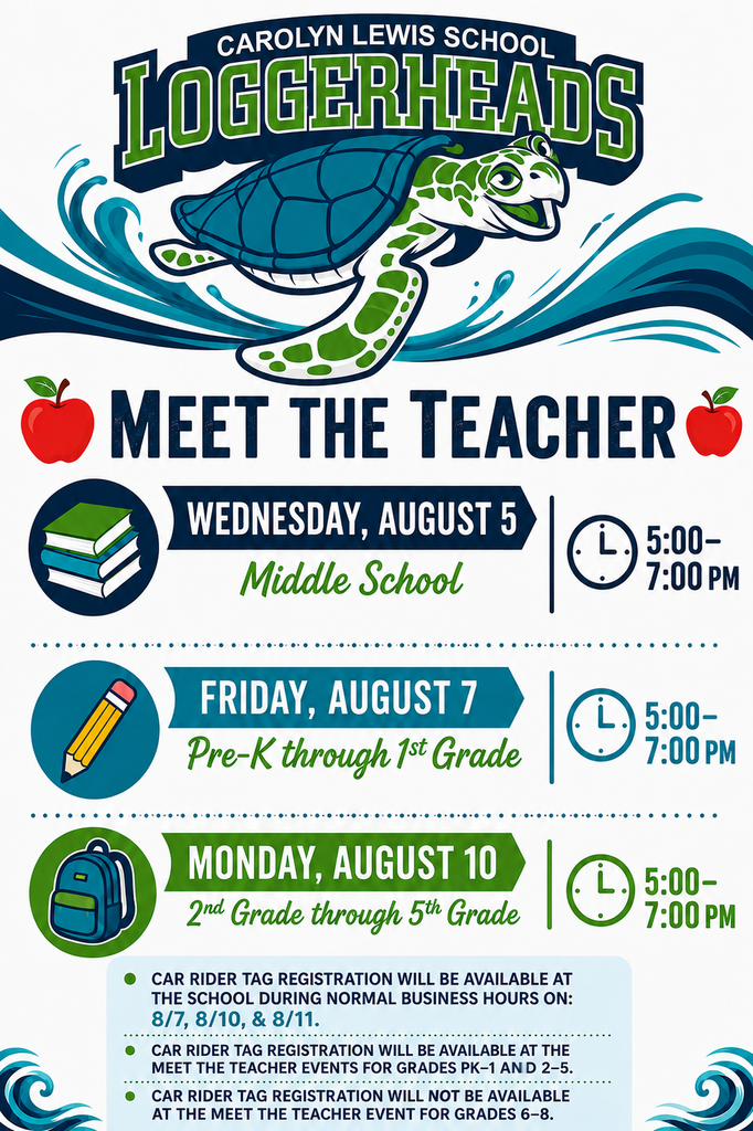 An event poster features a turtle and apples. "Meet the Teacher" in bold letters, with three dates, times, and grades.