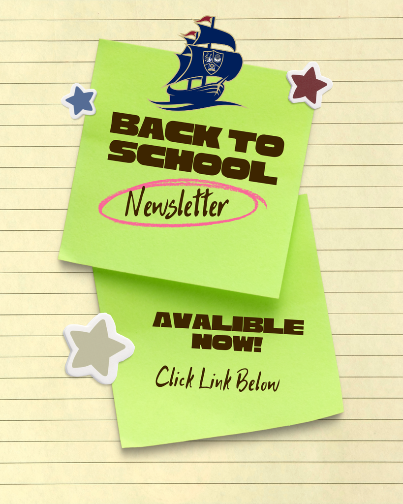 Green sticky notes on a notebook page with text "BACK TO SCHOOL Newsletter" and "AVAILABLE NOW! Click Link Below" and decorative stars.