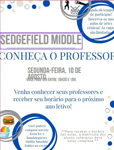 An informational flyer for Sedgefield Middle School. It features a blue and white design with icons. The event is on August 10.