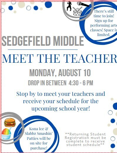 A flyer announces "Meet the Teacher" for Sedgefield Middle. Details include a date, time, and activities. Blue and white colors, along with icons.